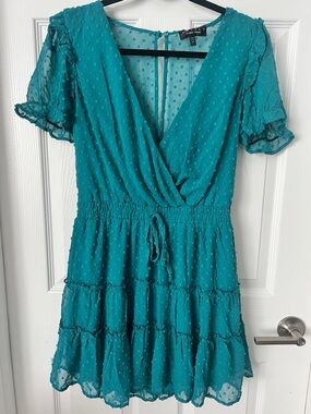 Trixxi Teal Swiss Dot Mini Dress